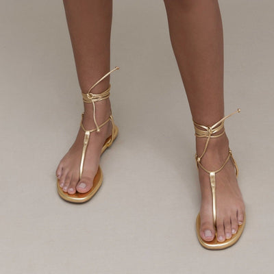 Romana Lace Up Flat Leather Sandals - Gold - By Boho Hunter