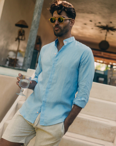 Menorca Linen Shirt - Blue Sky/Neon Orange - By Boho Hunter