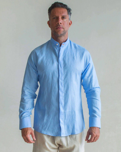 Menorca Linen Shirt - Blue Sky/Neon Orange - By Boho Hunter